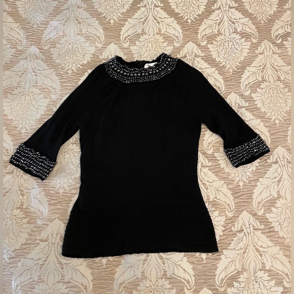 Milly New York black sweater with pearl collar